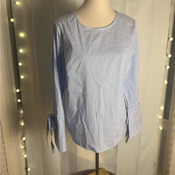Dalia Blue and White Casual Button Down Shirt with Tie Cuffs - Picture 2 of 8